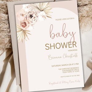 Boho Neutral Baby Shower Invitation, Baby Shower Invite Printable, Bridal Shower Invite, Customizable Invitation Template Boho Floral Invite