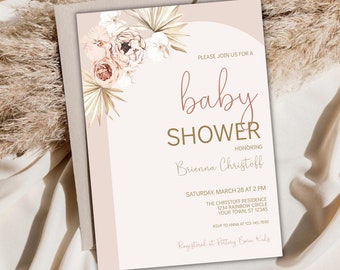 Boho Neutral Baby Shower Invitation, Baby Shower Invite Printable, Bridal Shower Invite, Customizable Invitation Template Boho Floral Invite