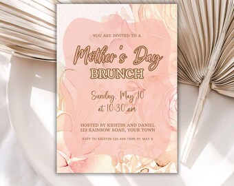 May include: A pink and peach watercolor floral design invitation for a Mother's Day brunch. The invitation includes the text "You are invited to a Mother's Day Brunch", "Sunday, May 10 at 10:30 am", "Hosted by Kristin and Daniel", "123 Rainbow Road, Your Town", and "RSVP to Kristin 123-456-7890 by May 8".