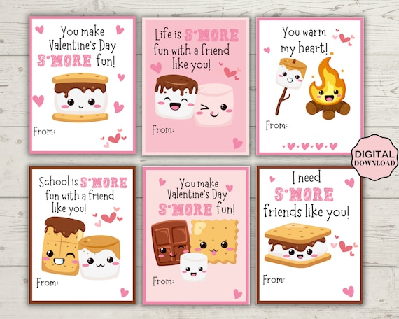 S'mores Valentines Day for School Valentines, Valentine's Day Cards, Smores Valentine  Cards for Kids, Printable Valentine Tags 