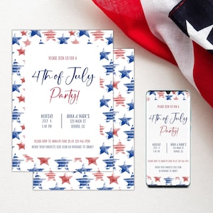 4th of July Invitation, Evite Invitations, Independence Day Celebration, US Flag, Red White & Blue Stars, Neighborhood Party, Backyard BBQ