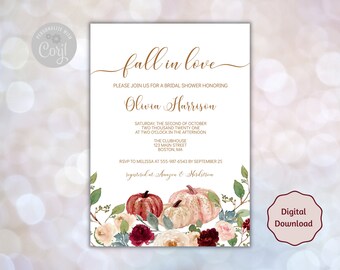 May include: A white invitation with the text "fall in love" in gold script. The invitation is for a bridal shower honoring Olivia Harrison. The design includes watercolor pumpkins and floral accents in shades of pink, burgundy, and green.