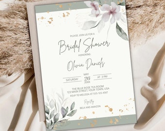 Bewerkbare bruids douche uitnodiging sjabloon, afdrukbare bruids douche uitnodigingskaart, bloemen groen, Instant Download, DIY - aanpasbaar