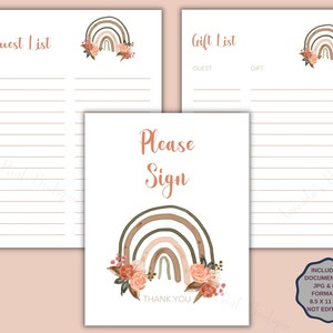 May include: Printable guest list, gift list, and sign-in sheet with a boho rainbow design. The rainbow is in shades of brown, green, and pink with floral accents. The text says "Guest List", "Gift List", "Please Sign", and "Thank You".