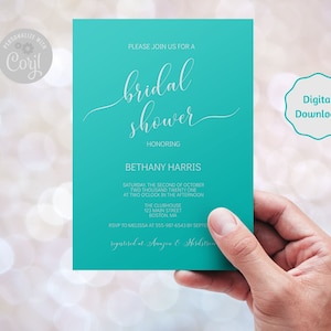 Turquoise / Teal Bridal Shower Invitation, Printable INSTANT DOWNLOAD- Customizable Wedding Shower Invitation Template