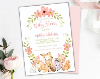 Woodland Baby Shower Invitation, Shower Invite Printable, Customizable Invitation Template, Editable, Woodland Animals Flowers