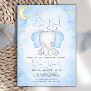 Editable Bue Elephant Baby Shower Invitation, Boy Baby Shower Invite Printable, Customizable Invitation Template Invite, Digital Download