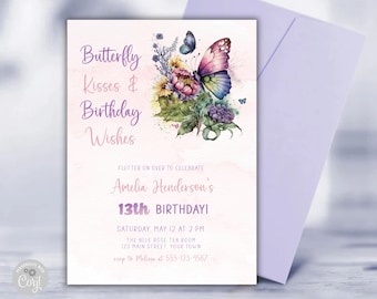 Butterfly Birthday Party Invitation, Editable Girls Birthday Party Invitation Template Printable, Butterfly Kisses and Birthday Wishes