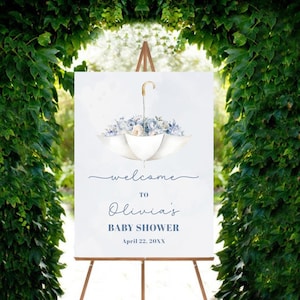 Paraplu bloemen babyshower welkomstbord, blauwe bloemen bord, paraplu babyshower, teken lentefeest, jongensbaby strooi, bord aprilborrels