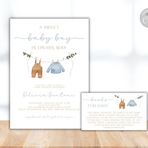 Paquete de invitaciones para baby shower de niño, invitación con ropa de bebé estilo boho, invitación imprimible para baby shower azul, libros para bebé de niño, ropa BBS