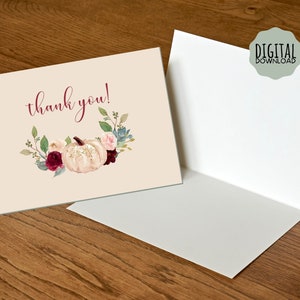 Herfst bloemen pompoen bedankkaart - instant download - 7 x 5 inch afdrukbare bedankkaart