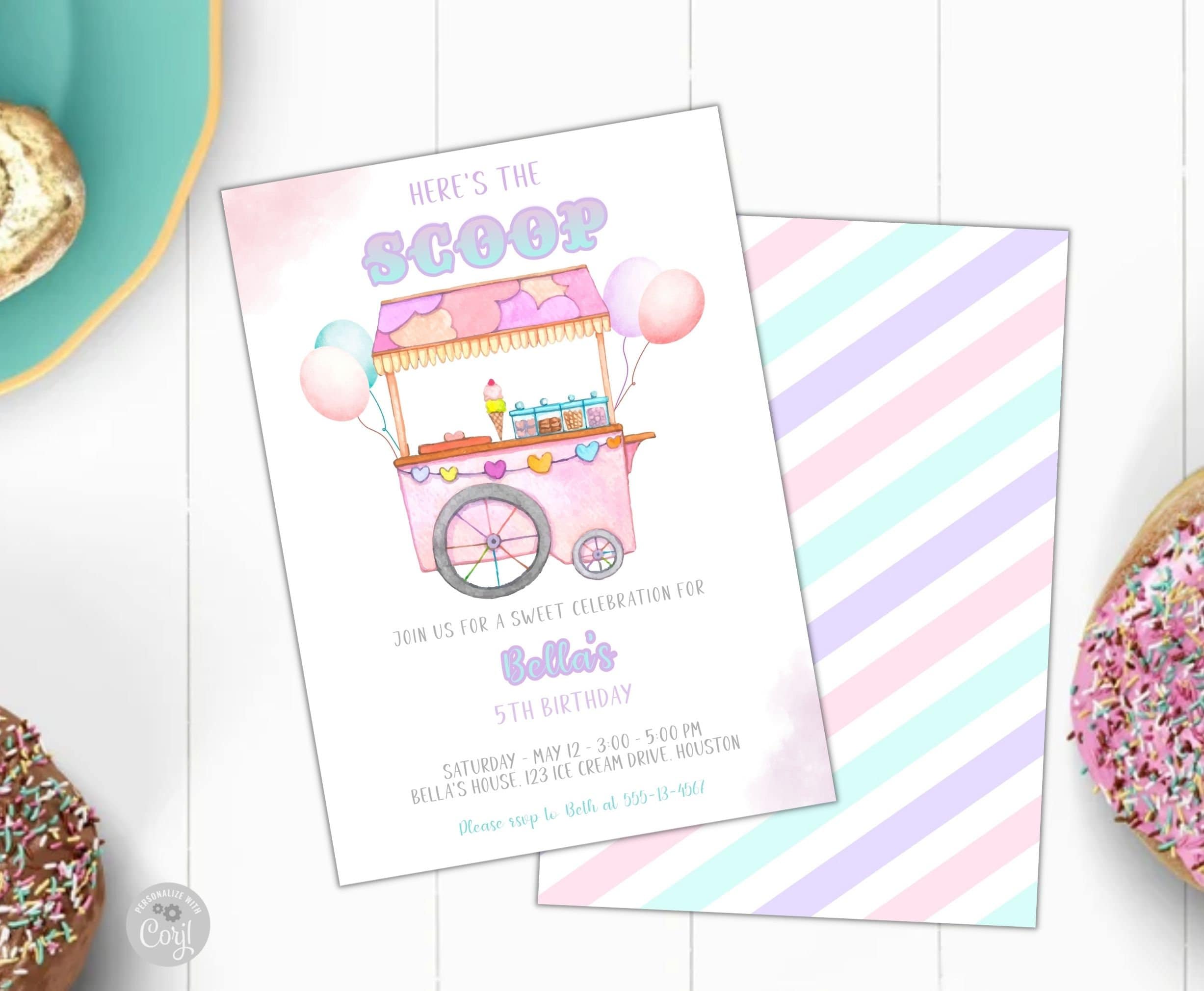 Editable Ice Cream Cart Birthday Party Invitation, Party Invitation