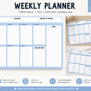 Op de afbeelding: Een lichtblauwe weekplanner met een minimalistisch ontwerp. De planner bevat secties voor elke dag van de week, belangrijke notities en doelen. De tekst "WEEKLY PLANNER" staat bovenaan, met daaronder "PRINTABLE • PDF • INSTANT DOWNLOAD".