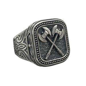 Sterling Silver 925 Crossed Axes Men&#39;s Ring, Handmade Byzantine Warrior Ring for Men, Greek Jewelry, Viking Ring with Double Axes, Mens Ring