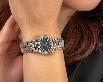 Markasit massivt silver 925 damarmbandsklocka - vintage unik klocka för kvinnor - antikt armbandsur - födelsedagspresent till mormor