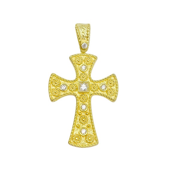 Handmade Solid Gold 18K Cross or Solid 14K Gold with white cubic zirconia, Byzantine Era inspired Cross lightweight yellow gold, Greek cross