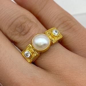 Byzantine Ring with  Natural Pearl 18K Gold Plated Sterling Silver, Unisex Byzantine Ring with Peal and Zircon