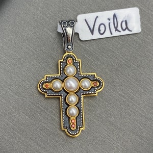 Byzantine Cross With Freshwater Pearls and Red Stones, Sterling Silver 925 Byzantine Era Traditional Cross, Greek Mythology Jewelry