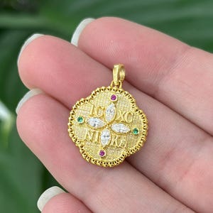 14K IC XC NI Ka Protection Charm, Konstantinato Pendant, Greek Handmade Pendant, Byzantine Pendant with Stones, Double Faced Pendant
