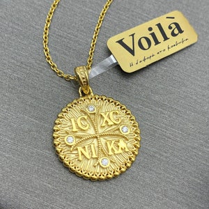 Solid 14K Gold Unique Design Byzantine Coin Pendant, Greek Orthodox Charm for Newborn Protection or Baptism Gift, Floral engraved greek coin