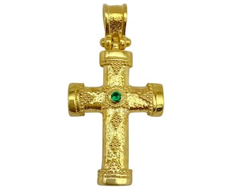 Solid Gold Byzantine Cross in 14K or 18K with Emerald Stone, Greek Orthodox Unisex Gold Cross