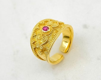 Greek Byzantine Ring K18 Solid Gold with Red Gem stone, Traditional Gold Greek Byzantine Ring, Ruby Byzanntine Ring