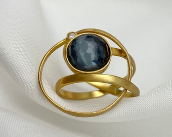 Obsidian Abstract Ring, 18K Gold Plated Solid 925 Silver Ring, Abstract Wire Ring, Gold Abstract Ring, Black Gemstone Ring