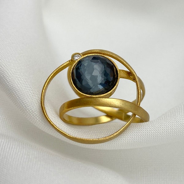 Obsidian Abstrakter Ring, 18K Vergoldeter Massiver 925 Silber Ring, Abstrakter Draht Ring, Gold Abstrakter Ring, Schwarzer Edelstein Ring