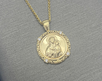 Virgin Mary Gold 14K Pendant with decoration and cubic zirconia, Orthodox Mother of God pendant in Solid Gold 14K, Greek Christian Pendant