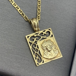 Colgante de Jesús de oro de 14 quilates, colgante cuadrado cristiano vintage, joyería religiosa hecha a mano, colgante de Jesús vintage de oro macizo