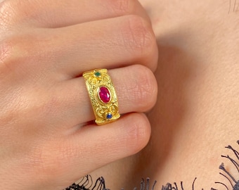 Greek Byzantine Ring K18 Gold-plated Silver 925 and multy-colour Gem stones, Traditional Greek Byzantine Ring
