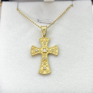Handmade Solid Gold 18K Cross or Solid 14K Gold with white cubic zirconia, Byzantine Era inspired Cross lightweight yellow gold, Greek cross