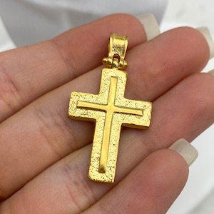 14K Gold Solid Cross Pendant Necklace, Byzantine Era Inspired Handmade Gold Cross Necklace, Greek Traditional Christian Cross, Unisex Cross