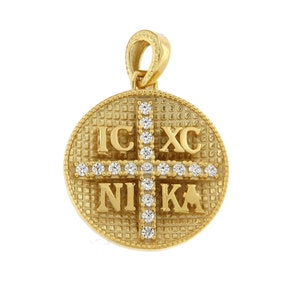 14K IC XC NI Ka Protection Charm, Konstantinato Pendant, Greek Handmade Pendant, Byzantine Pendant with Stones, Double Faced Pendant