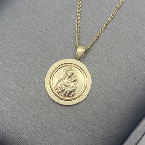 Solid Gold 14K Jungfrau Maria Anhänger Unisex für Jungen oder Mädchen, griechisch kyrillischer Anhänger, Schutzanhänger in Gelbgold 14K