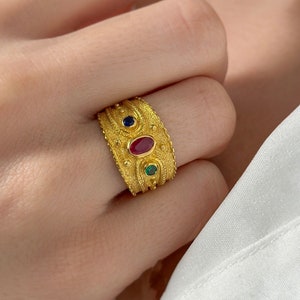 Handmade Solid Gold 14K or 18K Gold Byzantine Unisex Ring with Natural Stones, Byzantine Band Ring Greek Handmade