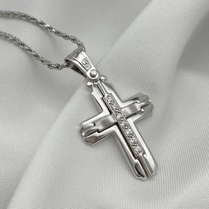 14K Woman&#39;s White Gold Cross, Baptism Cross Pendant, Bride Gold Cross, Orthodox Greek Cross, Diamond Cross, Heavy Gold Cross