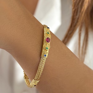 Byzantine Solid 14K or 18K Gold Bracelet with Natural Stones, Greek Handmade Bracelet with Ruby, Emeralds and Blue Sapphire