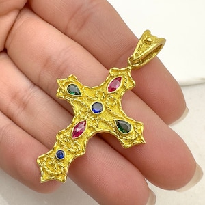 Byzantine 14K or 18K Gold Cross with Natural Stones, Greek Handmade Cross