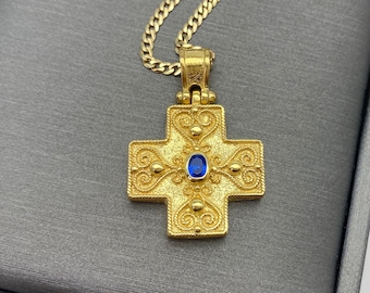 Byzantine Solid 14K or 18K Gold Cross with Blue Sapphire Oval Cut Stone