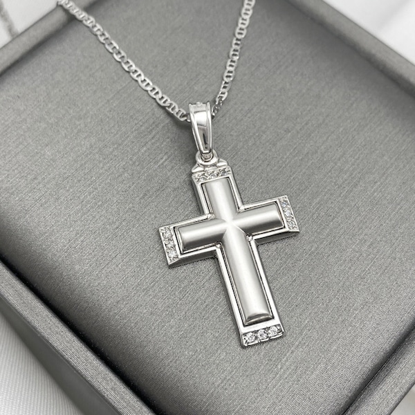 White Gold Baptism Cross Necklace Etsy