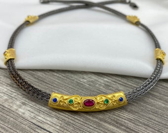 Byzantine Handmade Necklace, Silver 925 Gold Plated and Rhodium Plated Necklace with cubic zirconia