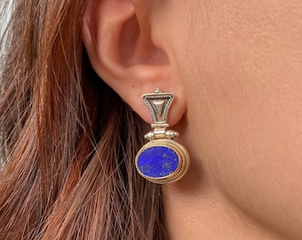 Lapis Lazuli Solid Silver 925 & 14K Gold Drop Earrings, Lapis Lazuli Gold 14 ct Earrings, Byzantine Lapis Earrings, Vintage earrings