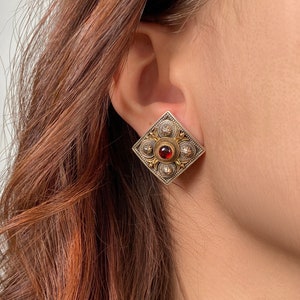 Solid 18K Gold & Silver 925 Vintage Clip Earrings with Garnet, Vintage style Clip on Earrings, Heavy Gold Gerochristo, Konstantino Earrings