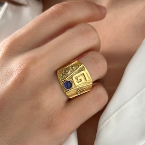 Greek Byzantine Meander Ring K18 Gold-plated Silver 925 with Blue Gemstone, Traditional Greek Byzantine Ring, Ruby Byzanntine Ring
