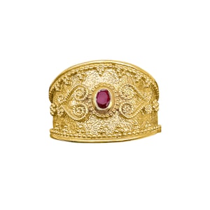 Greek Byzantine Ring K18 Gold-plated Silver 925 with Red Gem stone, Traditional Greek Byzantine Ring, Ruby Byzanntine Ring