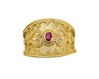 Greek Byzantine Ring K18 Gold-plated Silver 925 with Red Gem stone, Traditional Greek Byzantine Ring, Ruby Byzanntine Ring