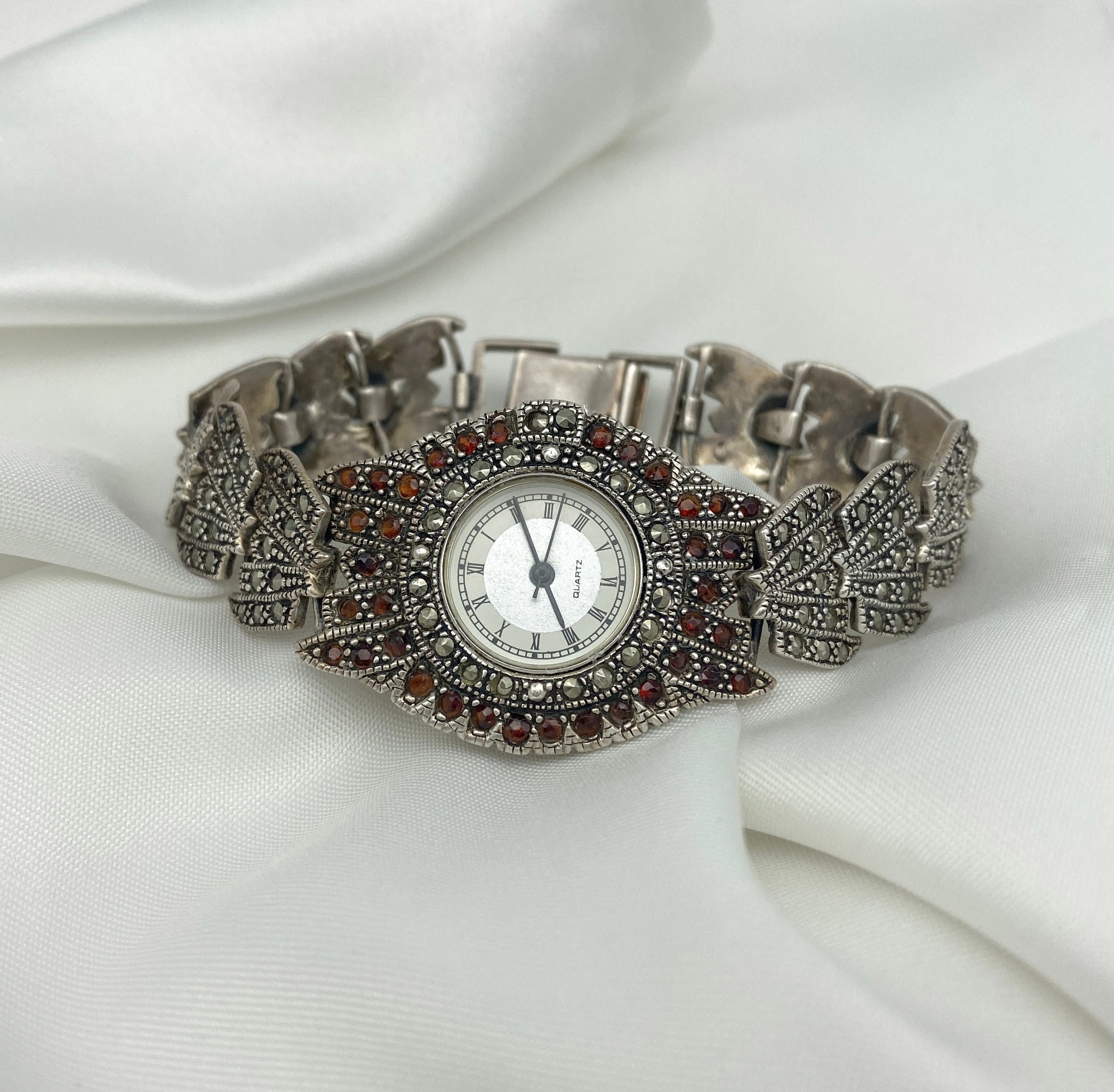 Vintage Japan Sterling Silver Garnet Diamond Red Gemstone Marcasite Tennis Watch Vintage Sterling Silver Marcasite Wrist Watch With Garnet  main image 3