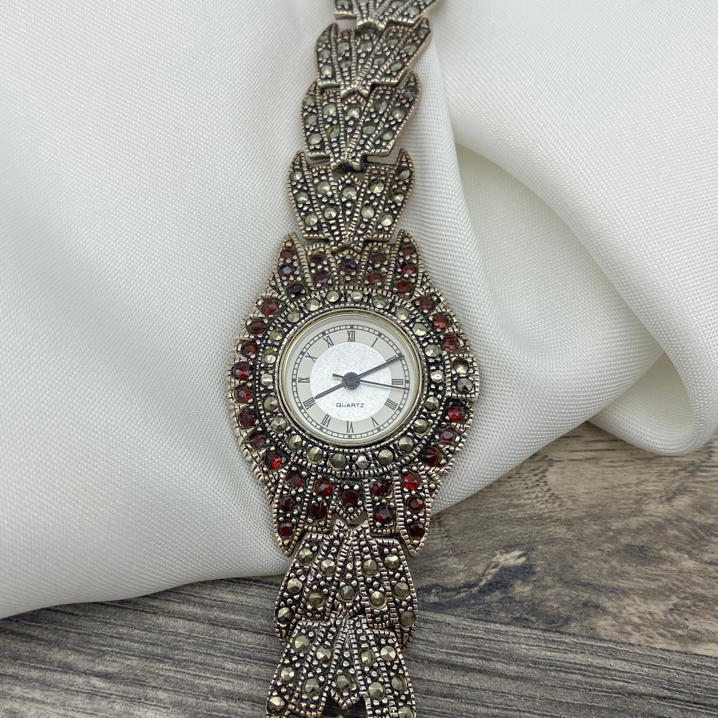 Vintage Sterling Silver Marcasite Wrist Watch With Garnet 