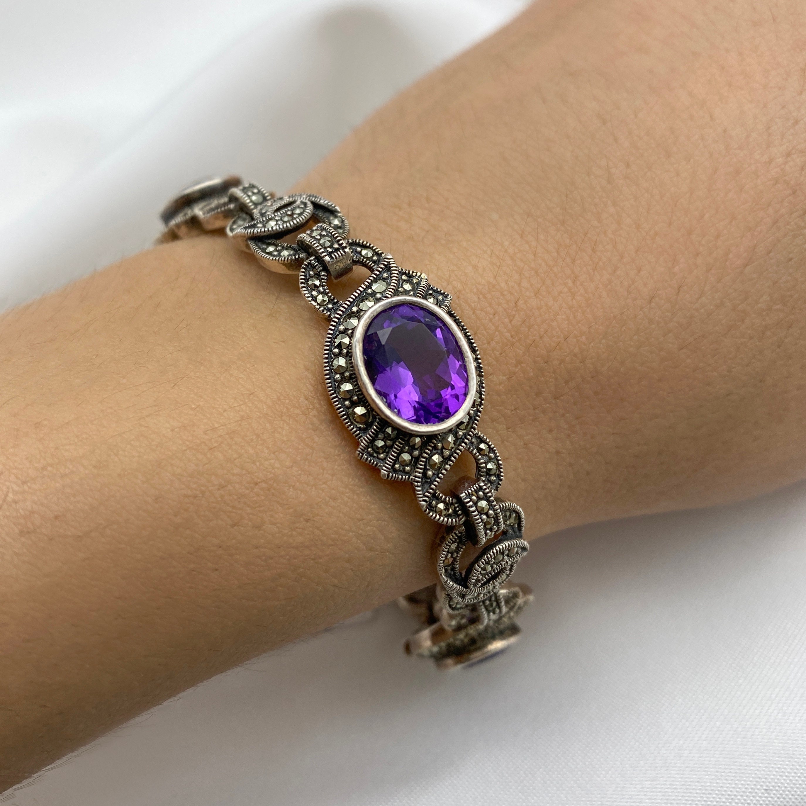 Marcasite and Amethyst 925 Silver Bracelet, Vintage Art Deco Style Amethyst  Sterling Silver Marcasite Bracelet, One of a Kind - Etsy